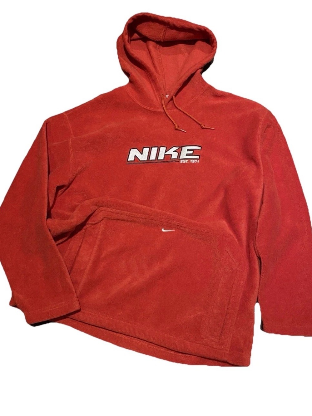 Vintage NIKE Pullover Hoodie Soft Fuzzy Fleece Men Size XL Red Centered Swoosh